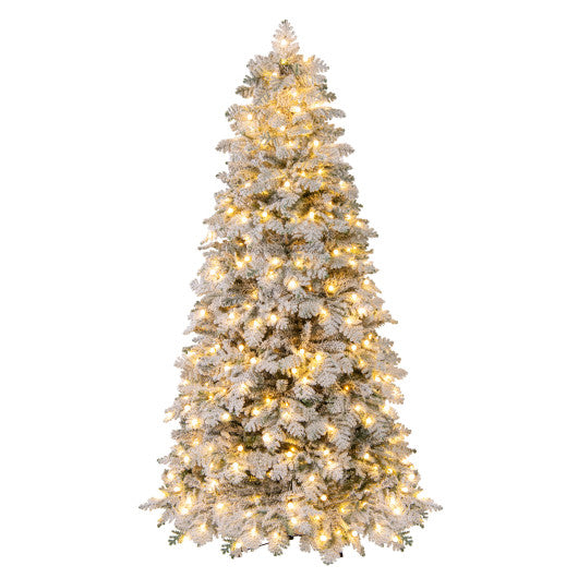 6/7 Feet Artificial Snow-flocked Christmas Tree Pre-lit Hinged Xmas Tree with 130 Twinkle Balls-7 Feet
