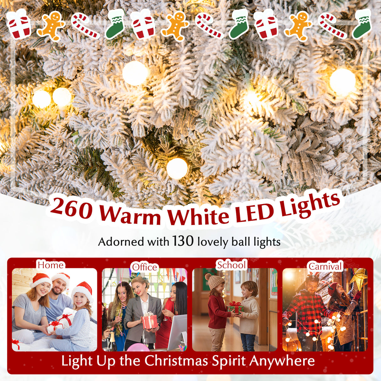 6/7 Feet Artificial Snow-flocked Christmas Tree Pre-lit Hinged Xmas Tree with 130 Twinkle Balls-6 Feet
