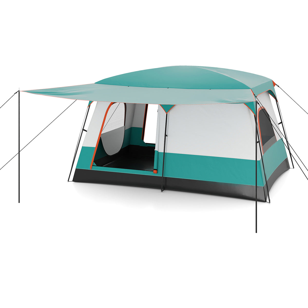 6-8 Person Camping Tent with Double Rooms and 2 Doors-Green