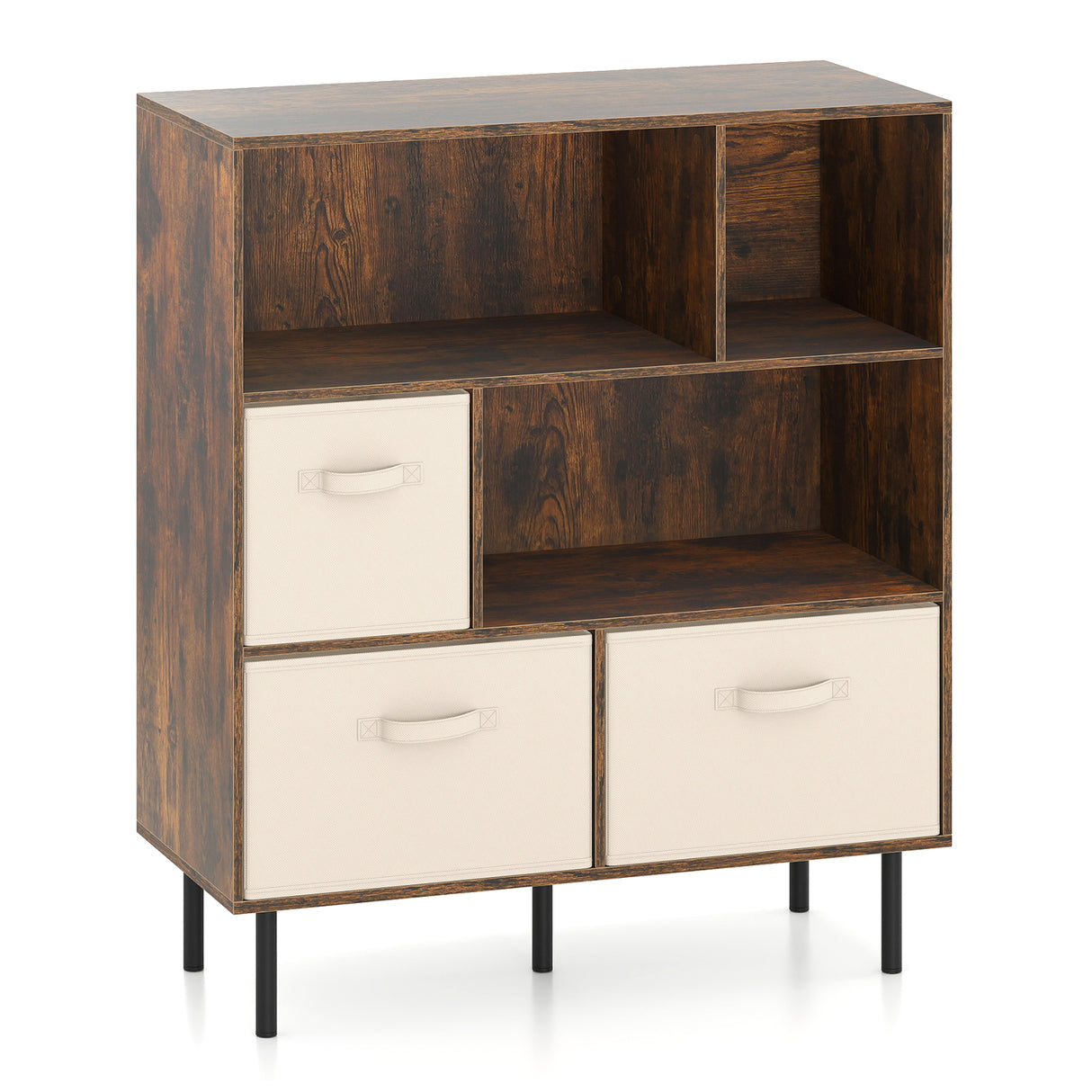 6-Cube Bookshelf with 3 Removable Folding Fabric Drawers for Living Room-Rustic Brown