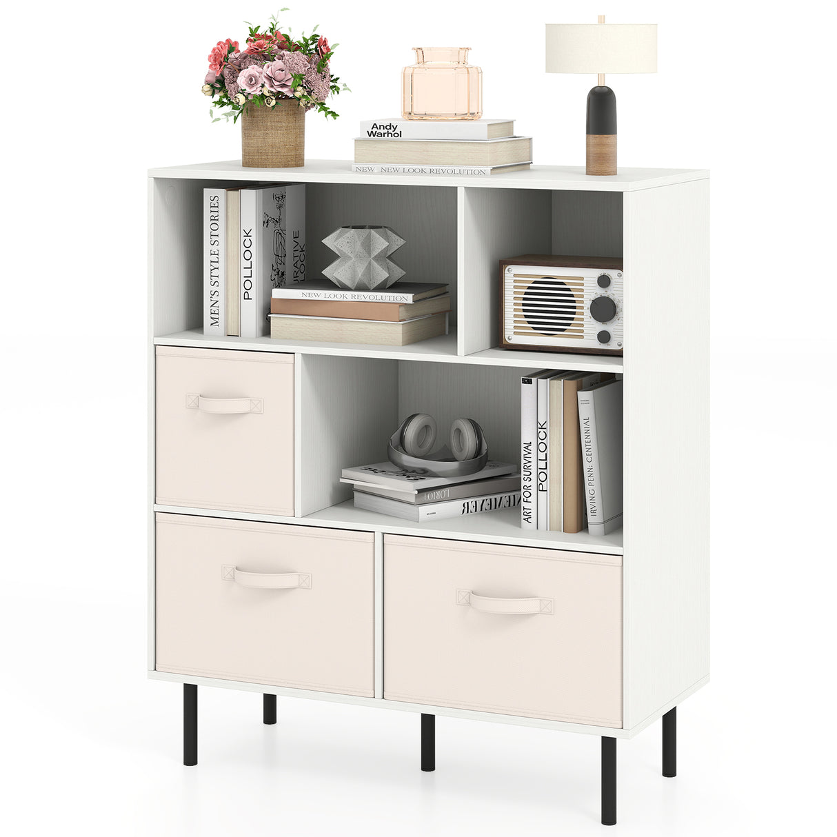 6-Cube Bookshelf with 3 Removable Folding Fabric Drawers for Living Room-White