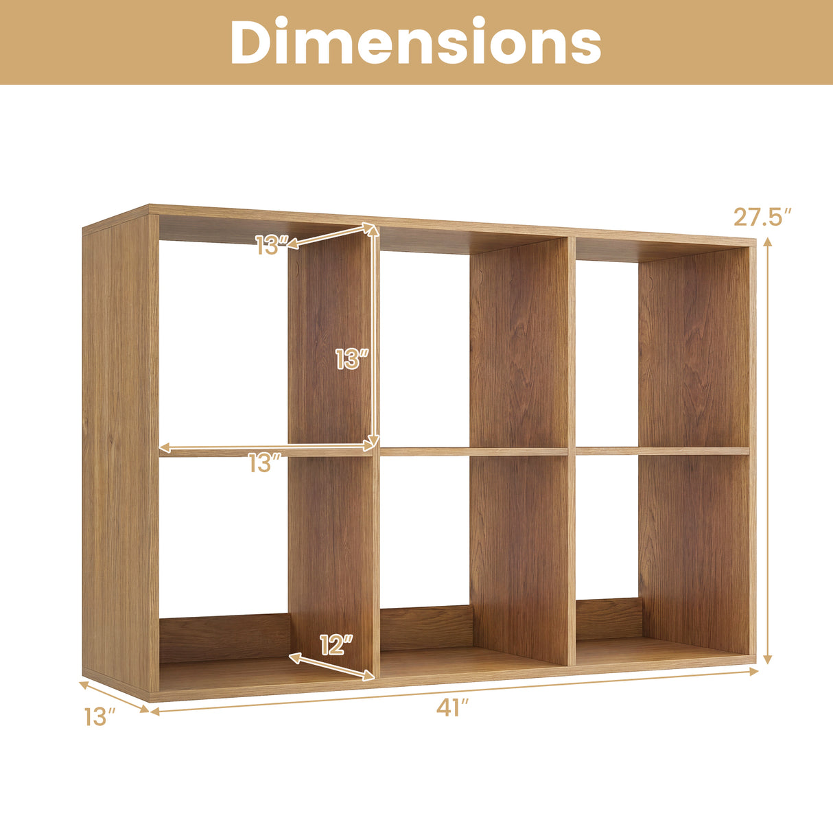 6 Cube Bookshelf with Back Guardrail for Living Room Bedroom-Natural