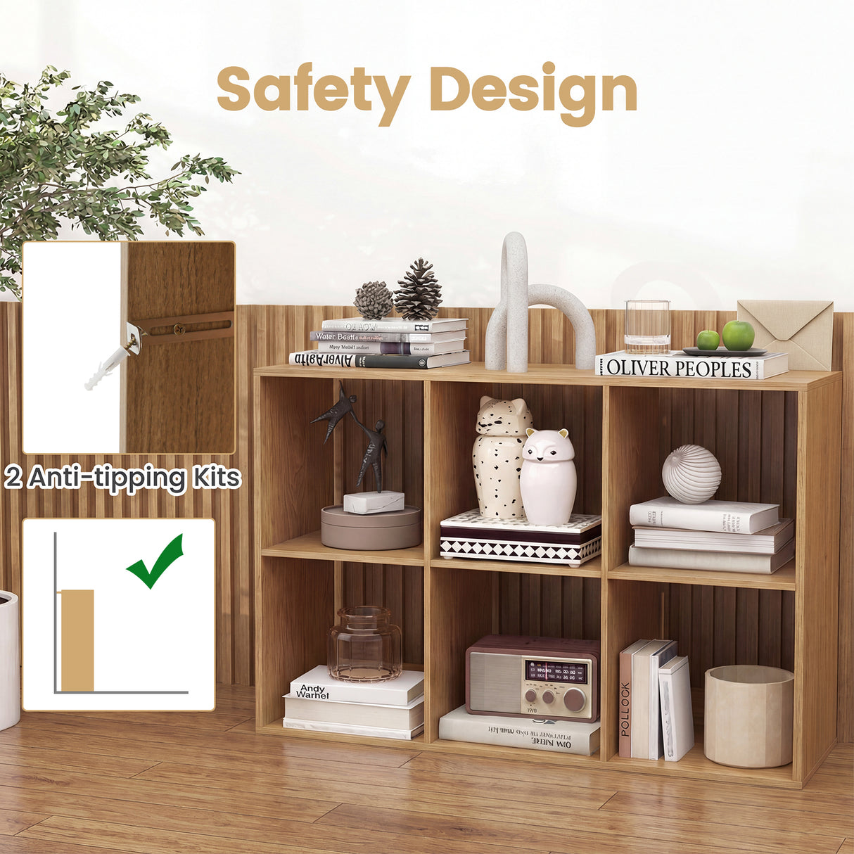 6 Cube Bookshelf with Back Guardrail for Living Room Bedroom-Natural
