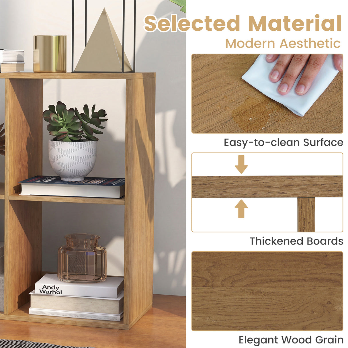 6 Cube Bookshelf with Back Guardrail for Living Room Bedroom-Natural