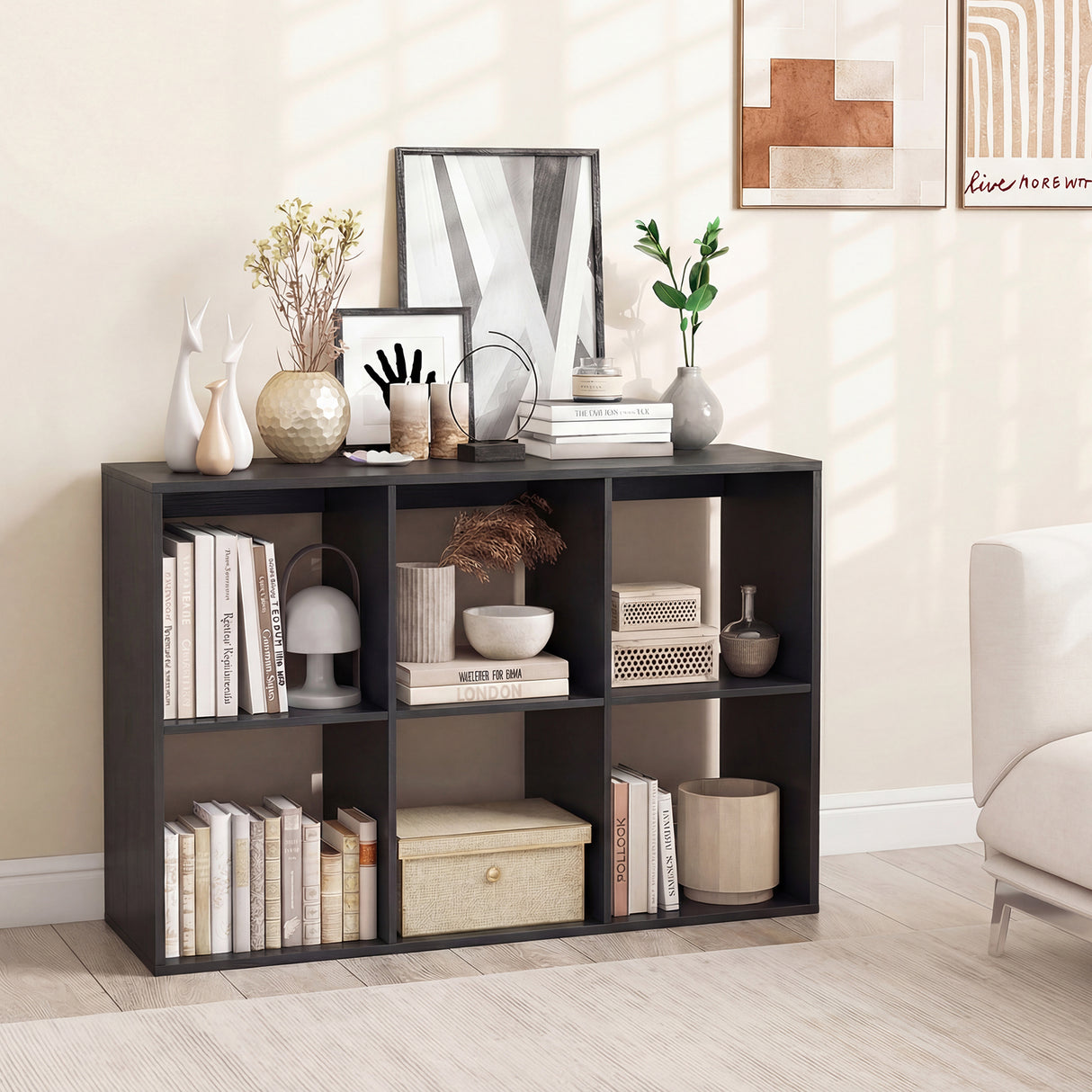6 Cube Bookshelf with Back Guardrail for Living Room Bedroom-Black