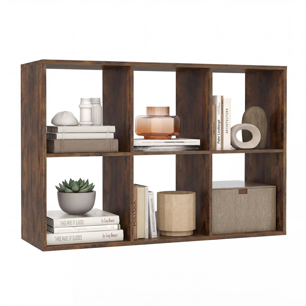 6 Cube Bookshelf with Back Guardrail for Living Room Bedroom-Rustic Brown