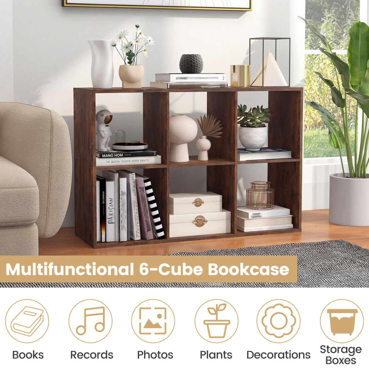 6 Cube Bookshelf with Back Guardrail for Living Room Bedroom-Rustic Brown