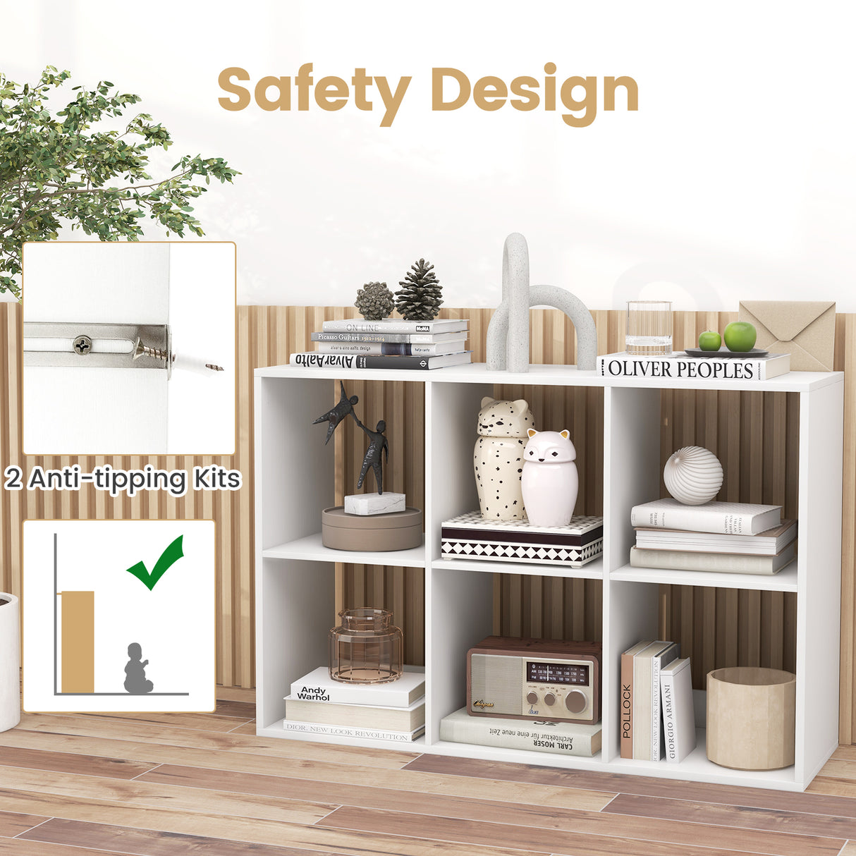 6 Cube Bookshelf with Back Guardrail for Living Room Bedroom-White