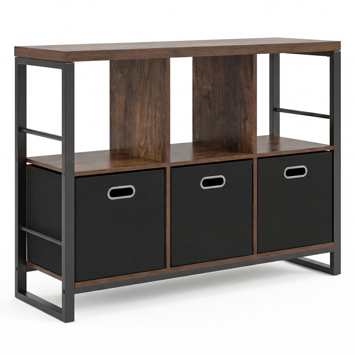 6 Cube Industrial Short Bookshelf with 3 Bins & Metal Frame and Open Shelves for Indoor-Rustic Brown