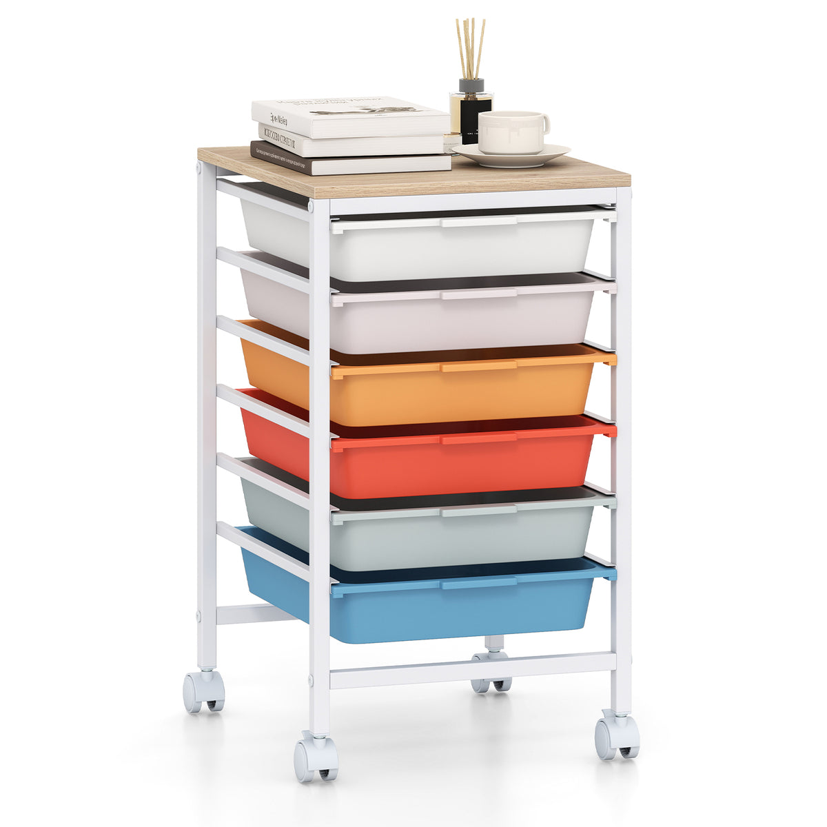 6-Drawer Rolling Storage Cart with Wooden Tabletop-Macaron