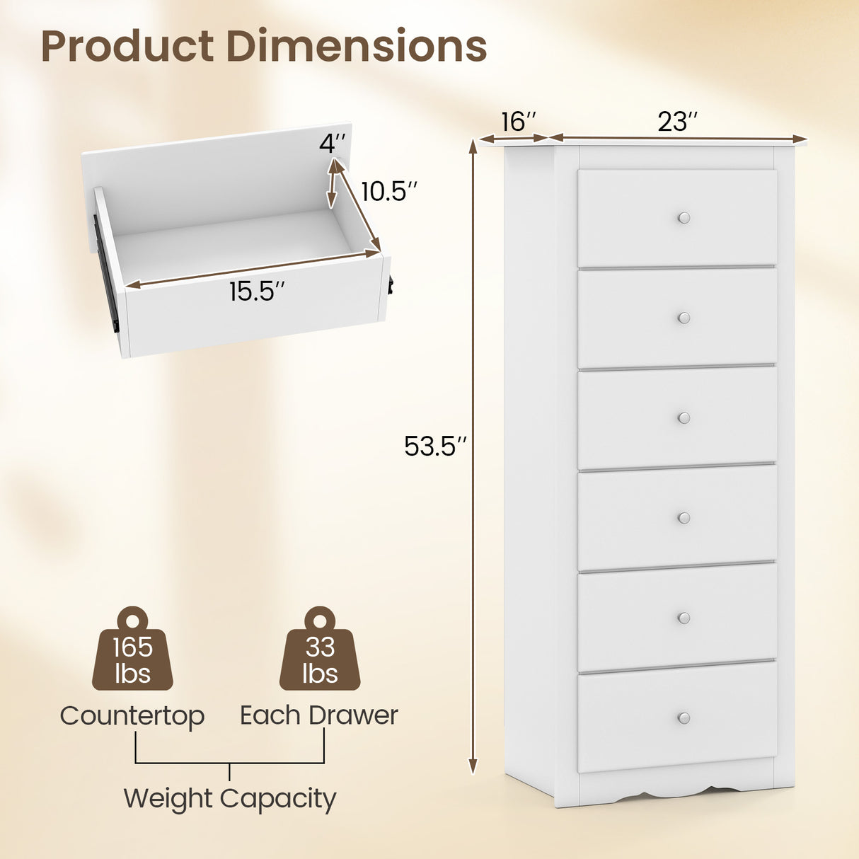 6 Drawers Chest Dresser Clothes Storage Bedroom Furniture Cabinet-White