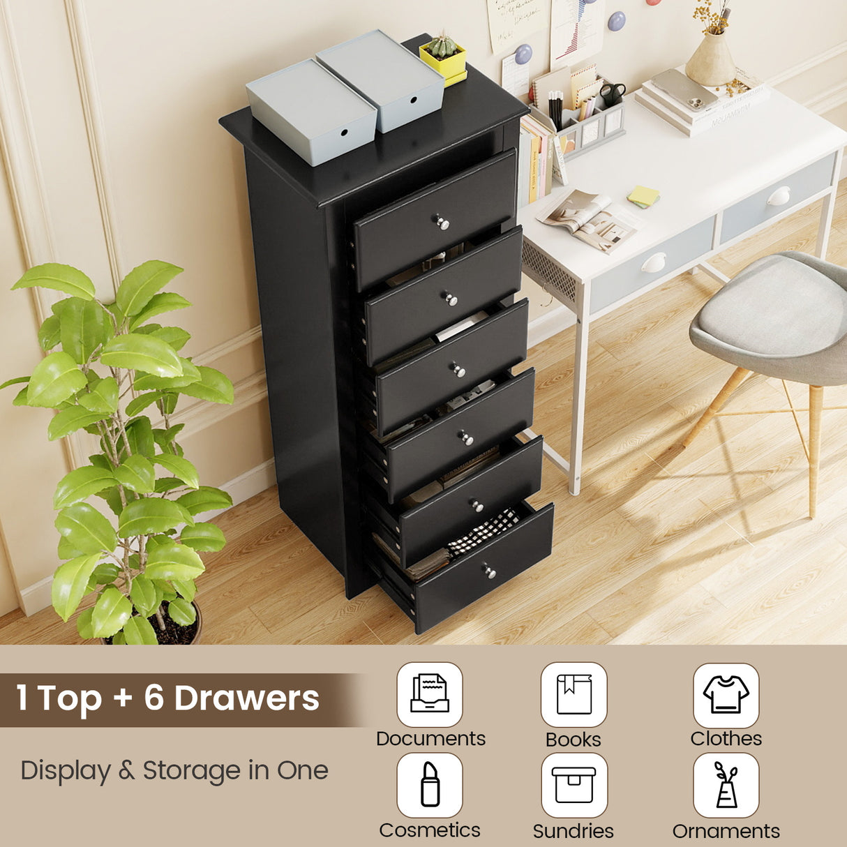 6 Drawers Chest Dresser Clothes Storage Bedroom Furniture Cabinet-Black