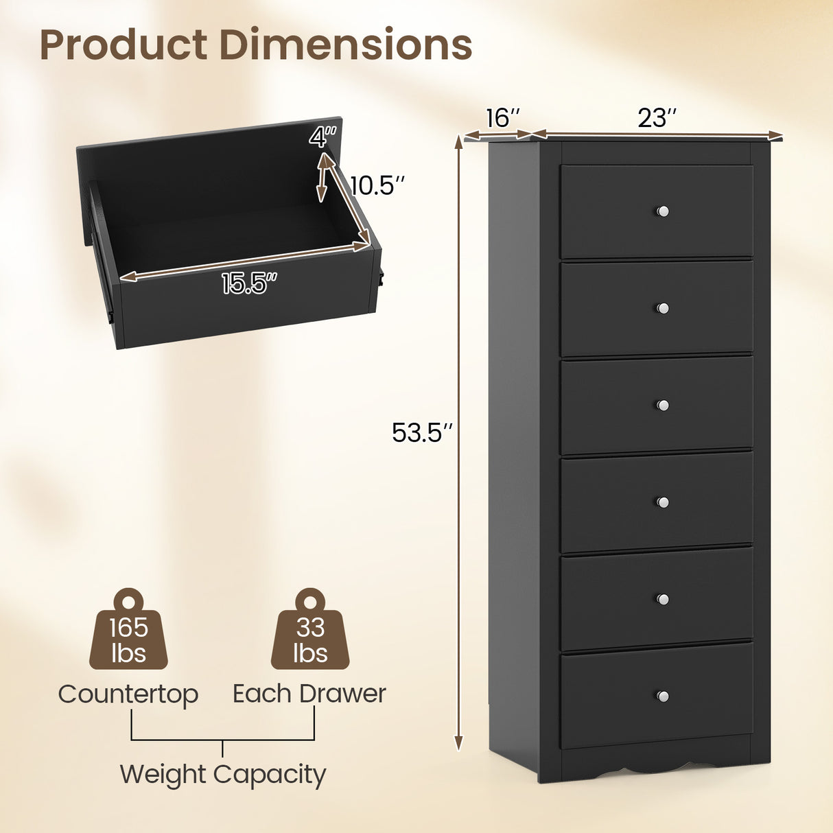 6 Drawers Chest Dresser Clothes Storage Bedroom Furniture Cabinet-Black
