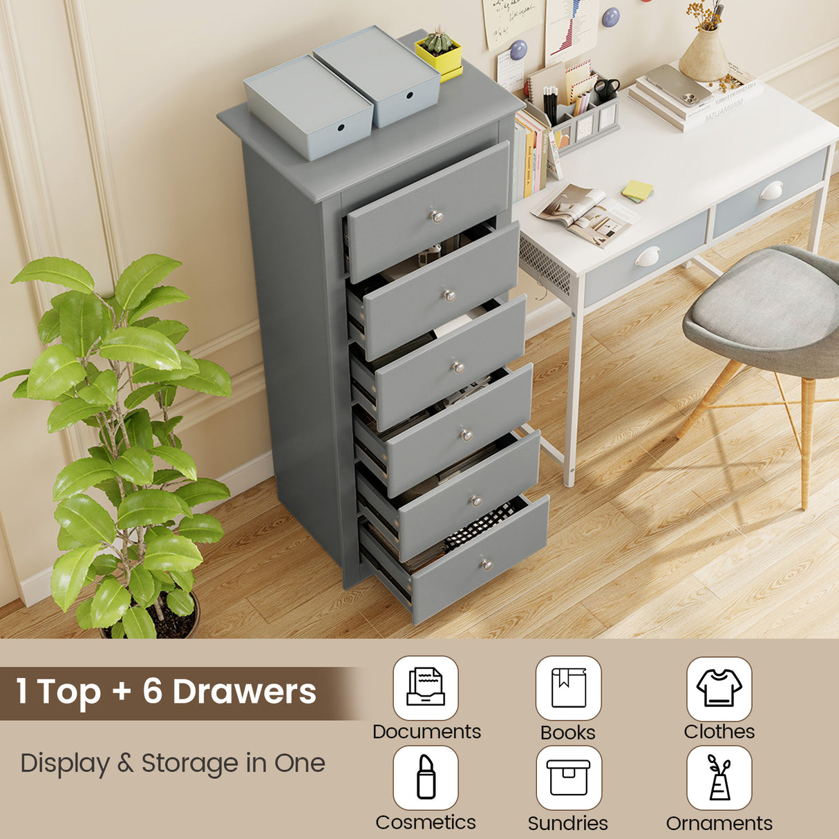 6 Drawers Chest Dresser Clothes Storage Bedroom Furniture Cabinet-Gray