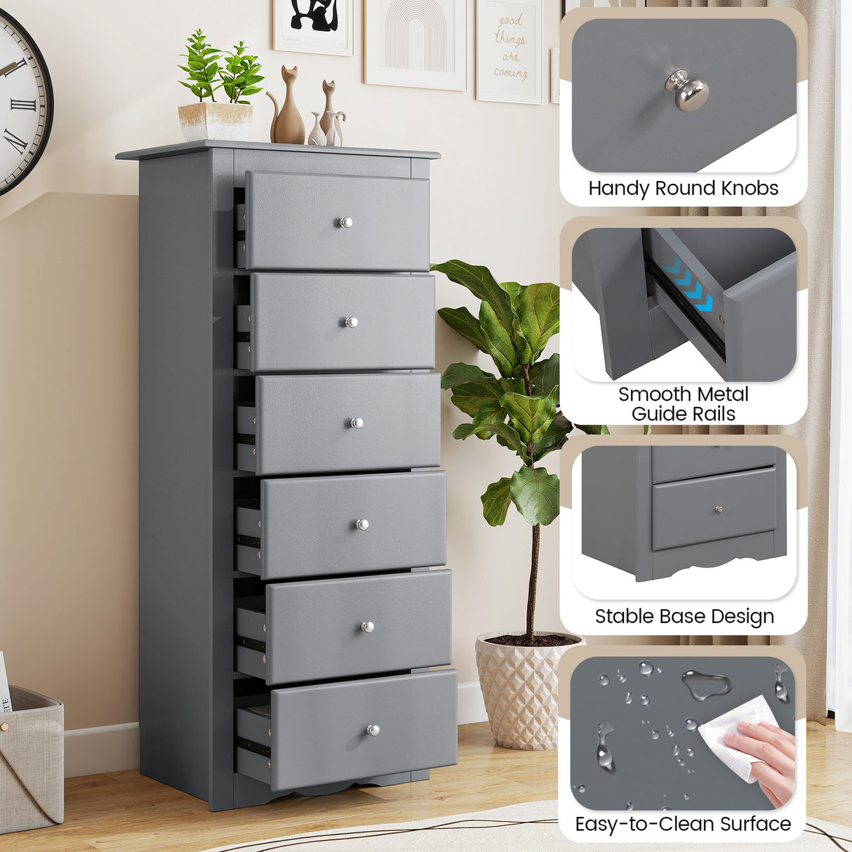 6 Drawers Chest Dresser Clothes Storage Bedroom Furniture Cabinet-Gray