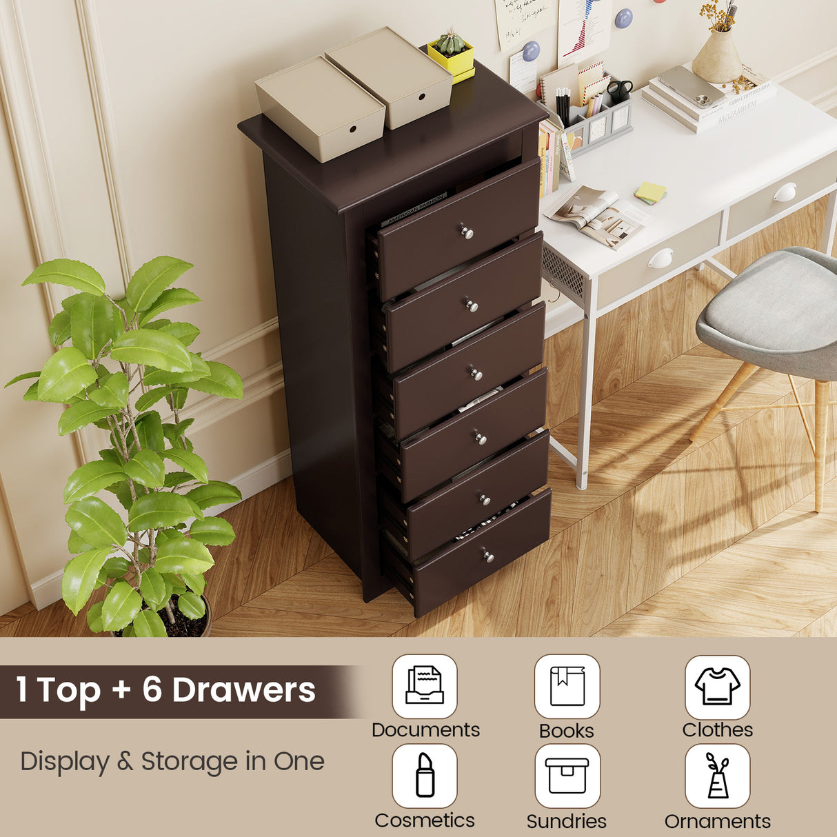 6 Drawers Chest Dresser Clothes Storage Bedroom Furniture Cabinet-Brown