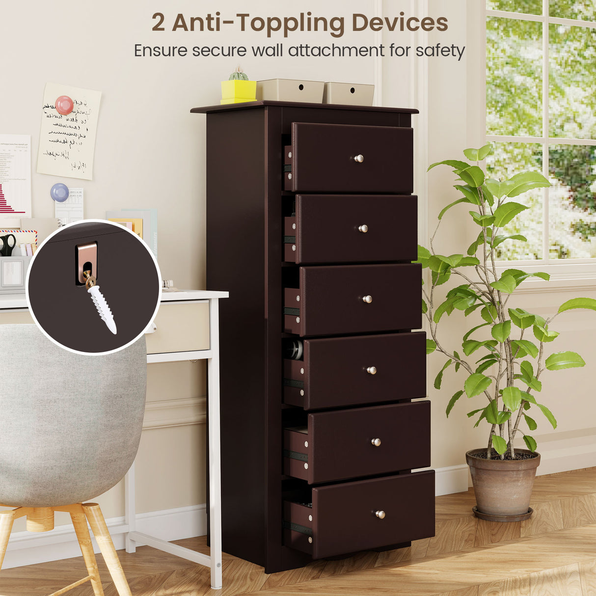 6 Drawers Chest Dresser Clothes Storage Bedroom Furniture Cabinet-Brown