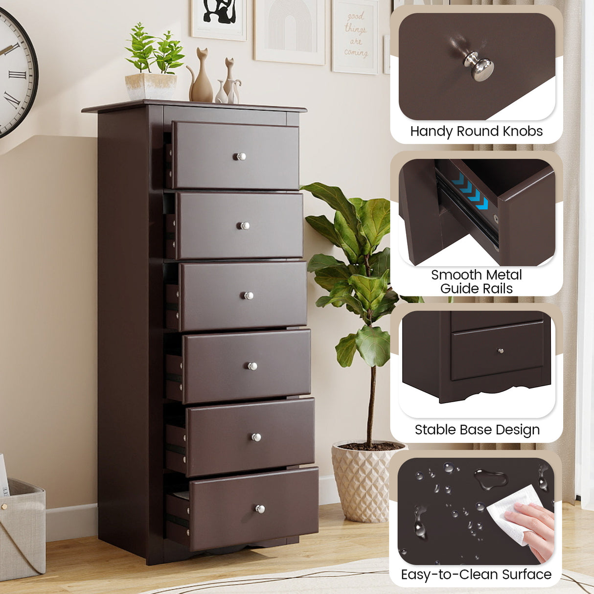 6 Drawers Chest Dresser Clothes Storage Bedroom Furniture Cabinet-Brown
