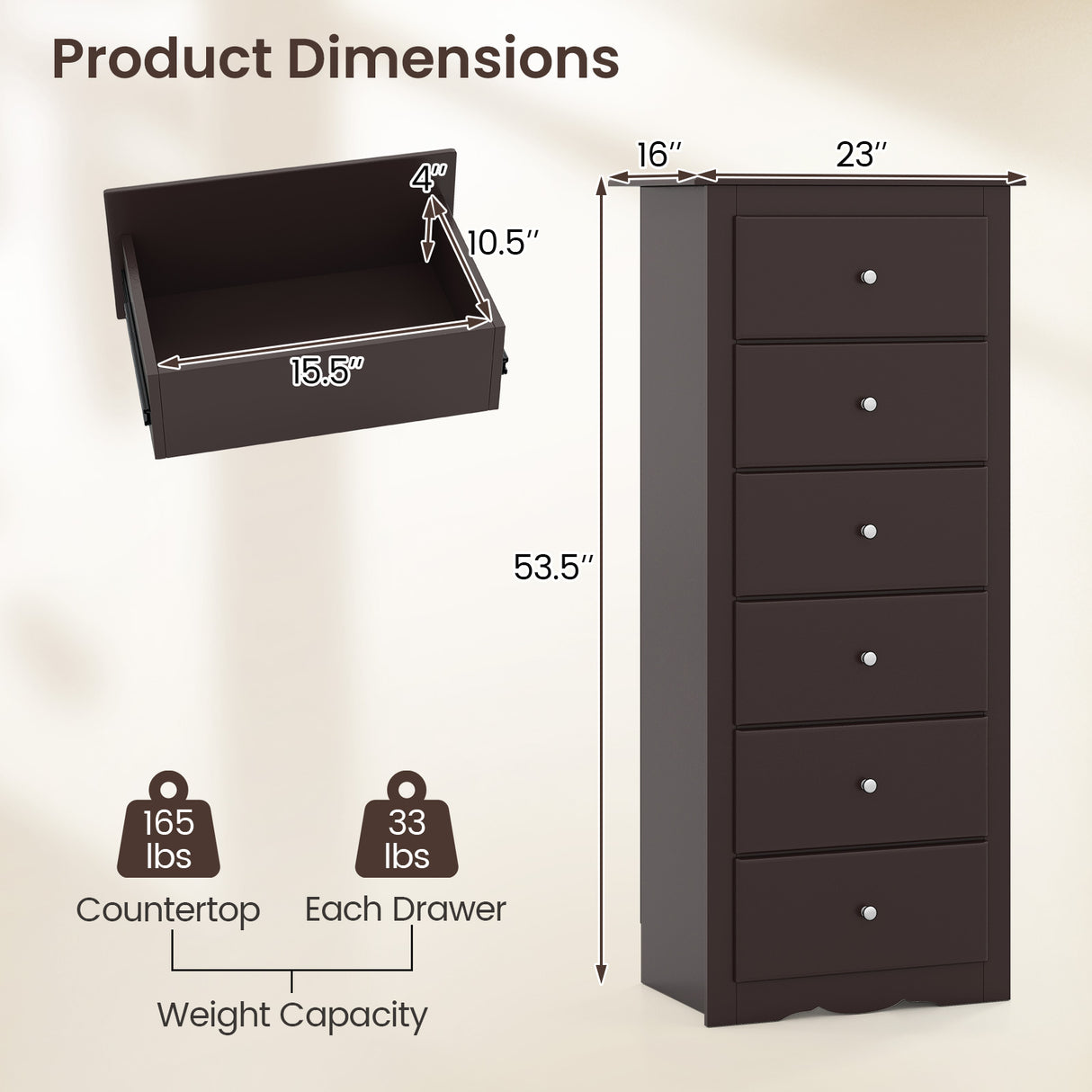 6 Drawers Chest Dresser Clothes Storage Bedroom Furniture Cabinet-Brown