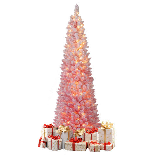 6 FTSnow-flocked Artificial Pink Christmas Tree Pre-lit Hinged Xmas Tree for Holiday Decoration