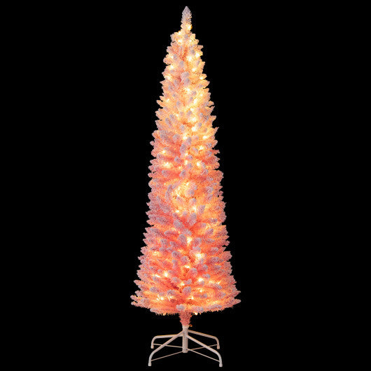 6 FTSnow-flocked Artificial Pink Christmas Tree Pre-lit Hinged Xmas Tree for Holiday Decoration