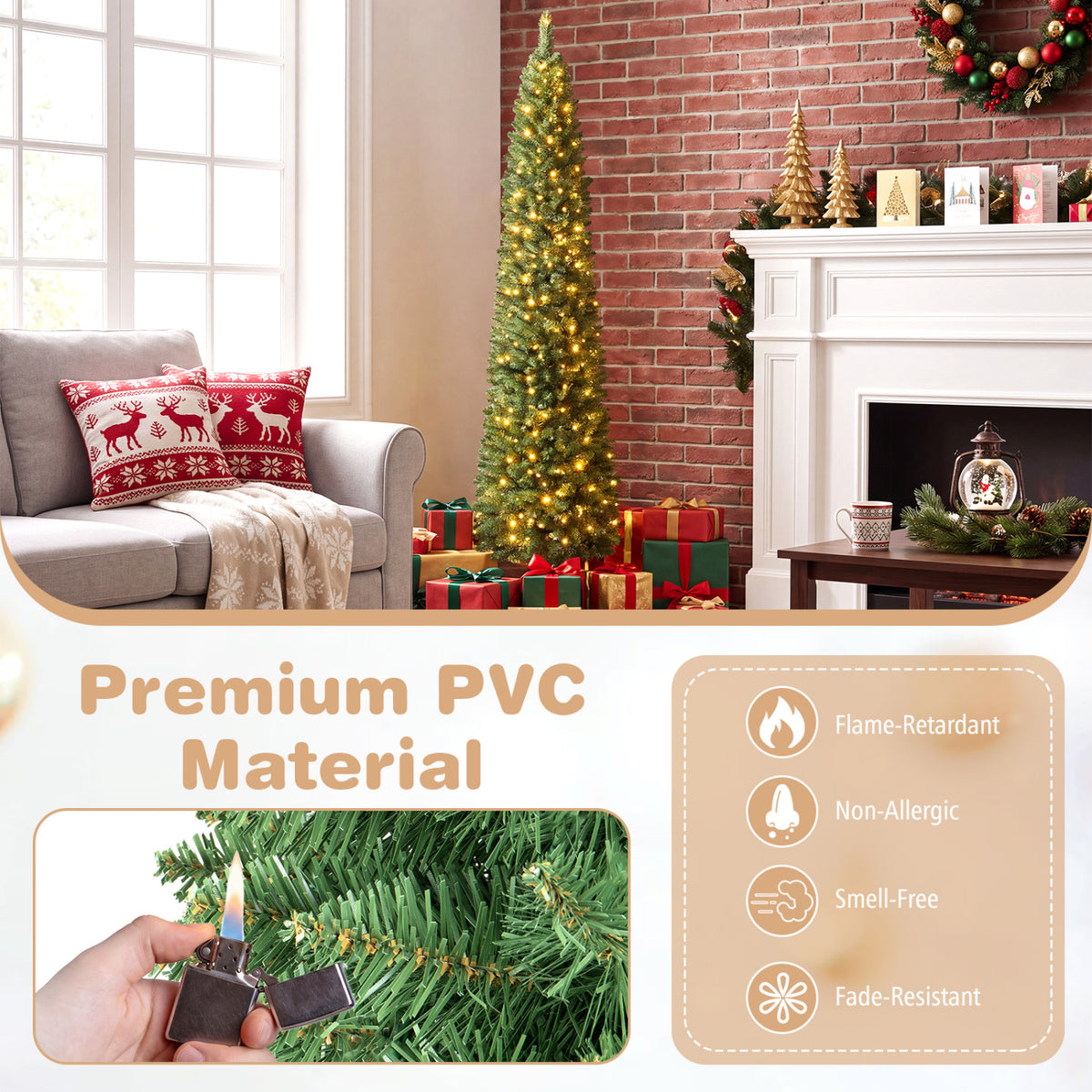 6 FT Pre-Lit Pencil Christmas Tree with 180 Warm White LED Lights