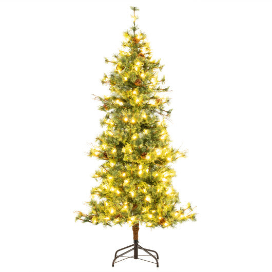 6 Feet Artificial Christmas Tree Pre-lit Hinged Xmas Tree with Warm White LED Lights and Pine Cones