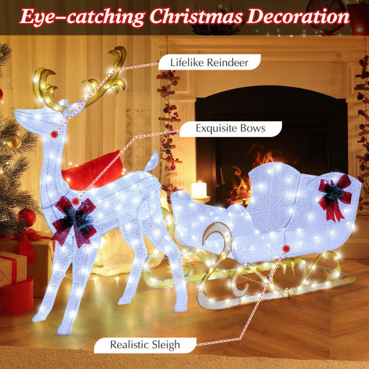 6 Feet Christmas Lighted Reindeer and Santa's Sleigh Decoration with 4 Stakes-White