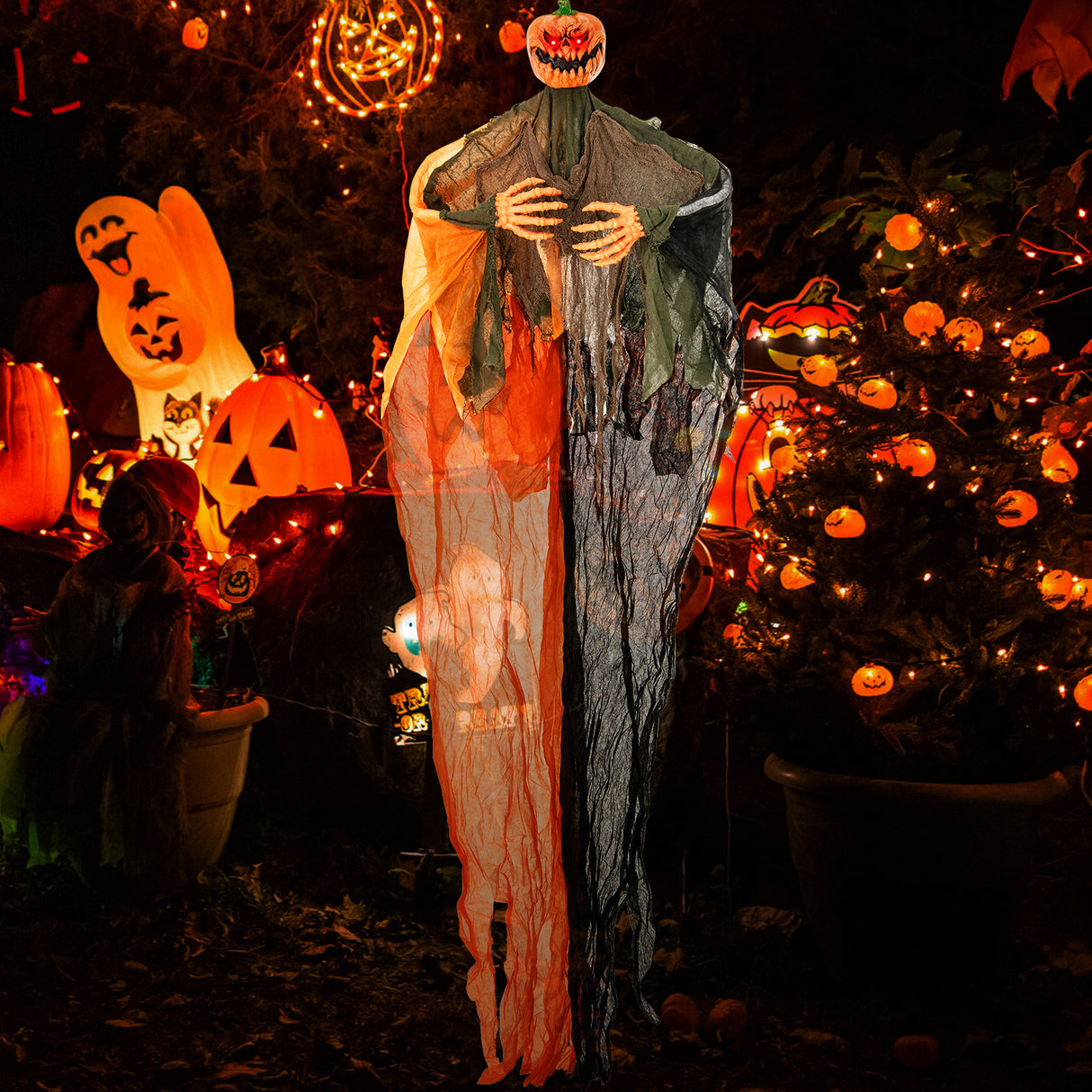 6 Feet Hanging Pumpkin Ghost with Red Glowing Eyes and Bendable Arms