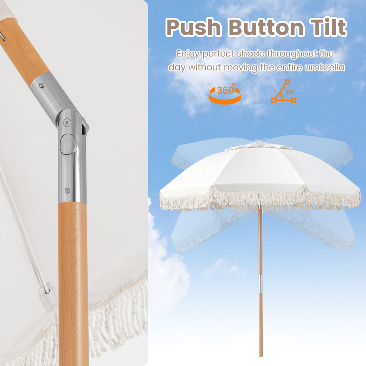 6 Feet Patio Umbrella with Fringe with Push Button Tilt and Wood Pole-White color