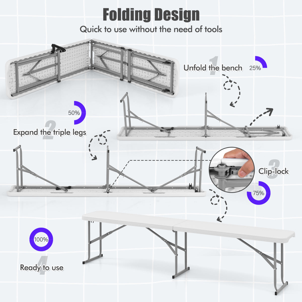 6 Feet Plastic Folding Bench Portable Seat with Handle and Lock-White
