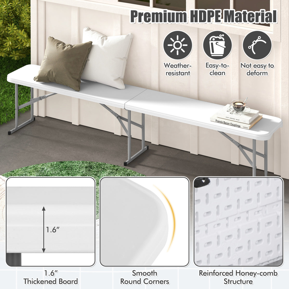 6 Feet Plastic Folding Bench Portable Seat with Handle and Lock-White