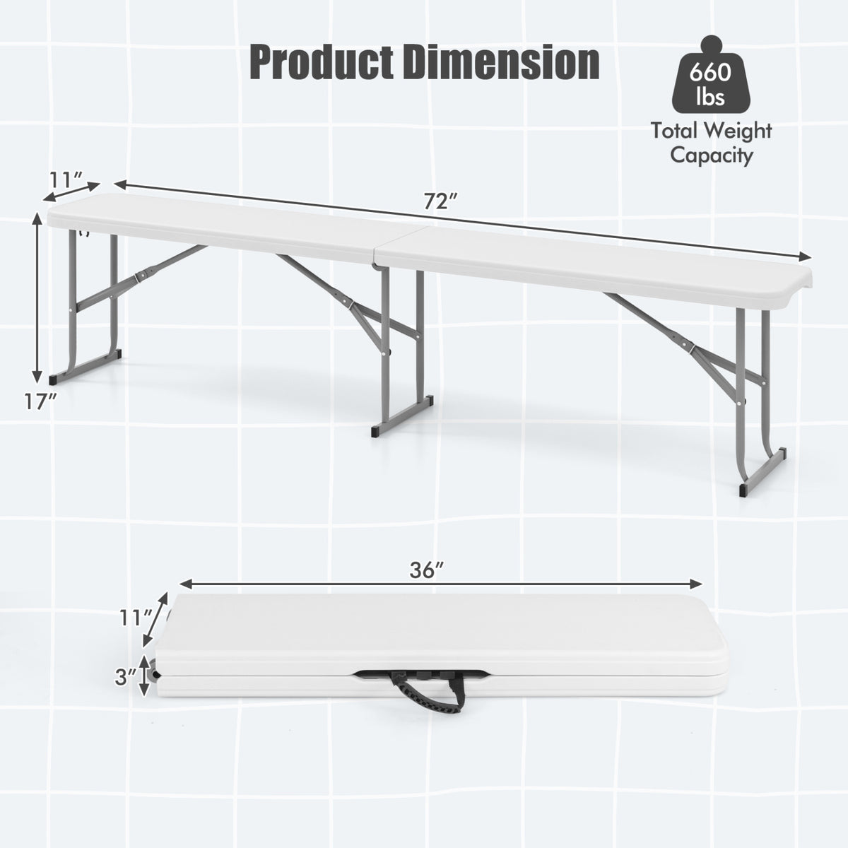 6 Feet Plastic Folding Bench Portable Seat with Handle and Lock-White