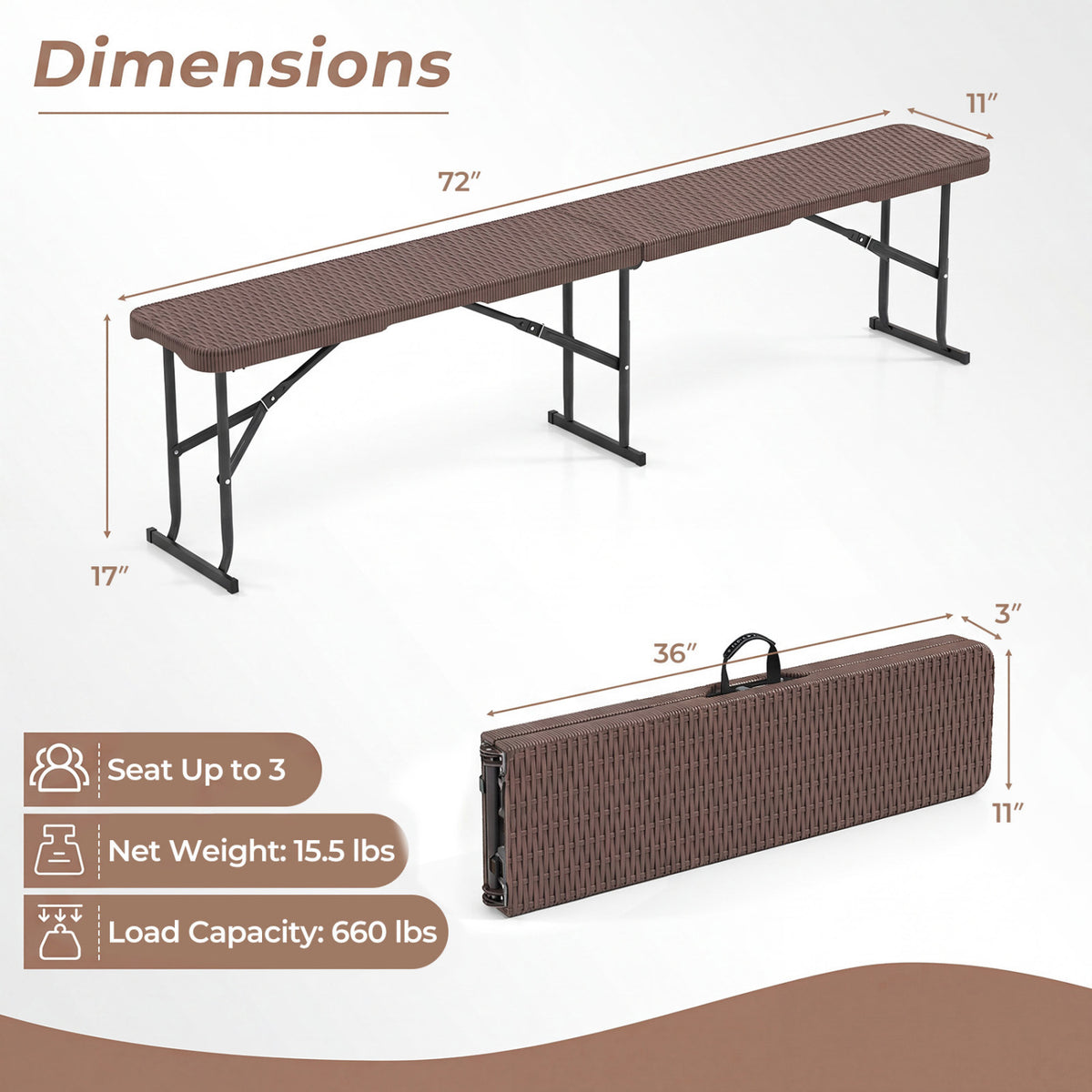 6 Feet Plastic Folding Bench Picnic Camping Dining Seat with Carrying Handle-Brown