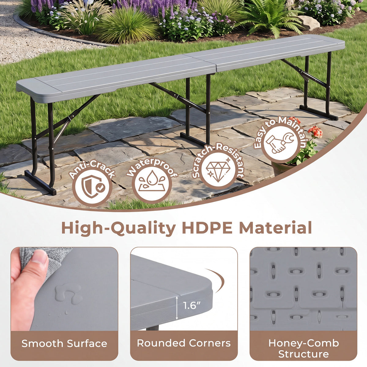 6 Feet Plastic Folding Bench Picnic Camping Dining Seat with Carrying Handle-Gray