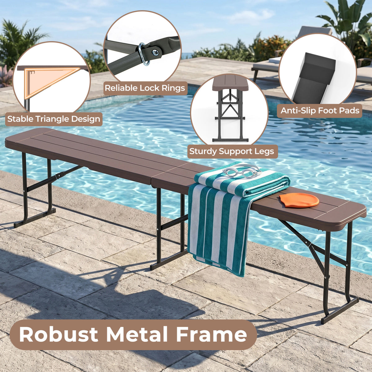 6 Feet Plastic Folding Bench Picnic Camping Dining Seat with Carrying Handle-coffee