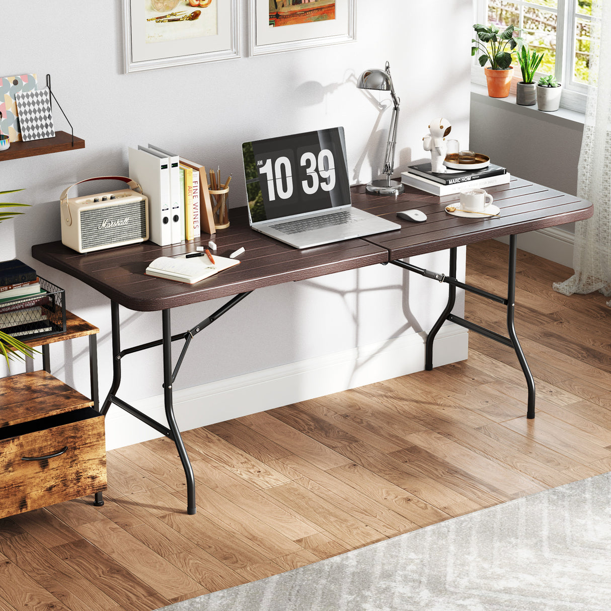 6 Feet Folding Table with Wood Grain HDPE Tabletop and Safe Lock Mechanism-Brown