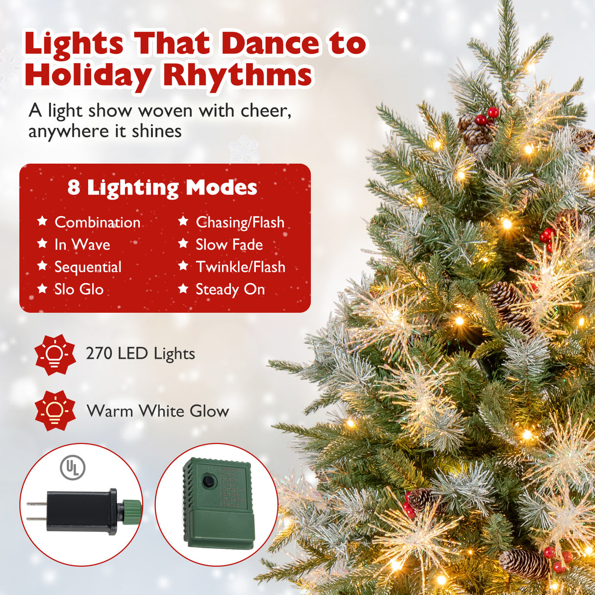 6 Feet Pre-Lit Artificial Christmas Tree with 8 Modes LED Lights with Berries