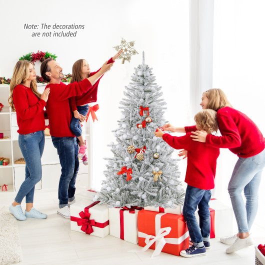 6 Feet Snow-flocked Artificial Christmas Tree Pre-lit Hinged with 81 Sphere Lights and Remote