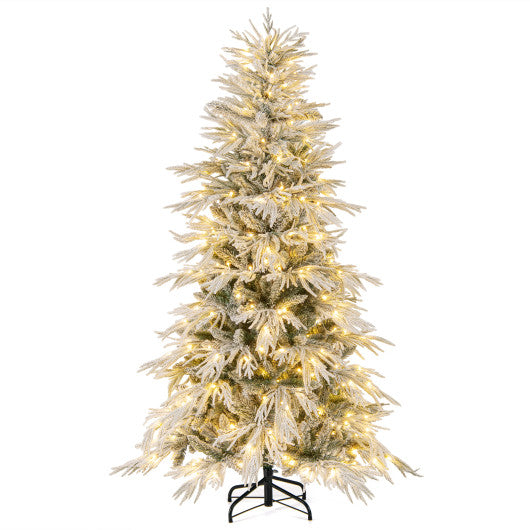 6 Feet Snow-flocked Artificial Christmas Tree Pre-lit Hinged Xmas Tree with Warm White LED Lights