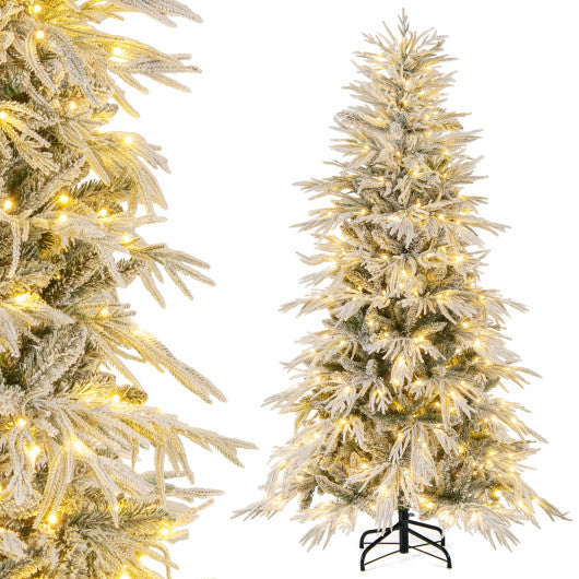 6 Feet Snow-flocked Artificial Christmas Tree Pre-lit Hinged Xmas Tree with Warm White LED Lights