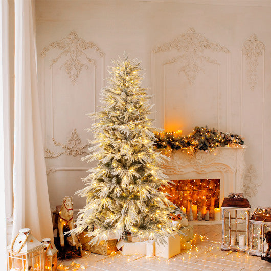 6 Feet Snow-flocked Artificial Christmas Tree Pre-lit Hinged Xmas Tree with Warm White LED Lights