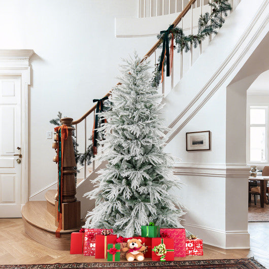 6 Feet Snow-flocked Artificial Christmas Tree Pre-lit Hinged Xmas Tree with Warm White LED Lights