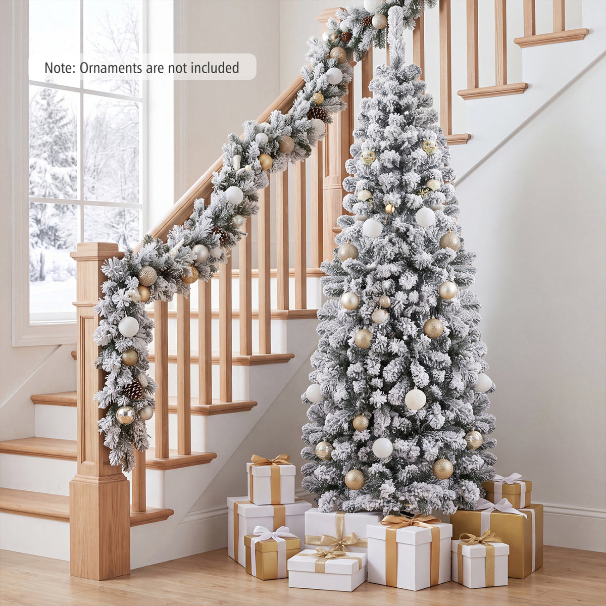 6 Feet Unlit Hinged Snow Flocked Artificial Pencil Christmas Tree with 500 Branch Tip