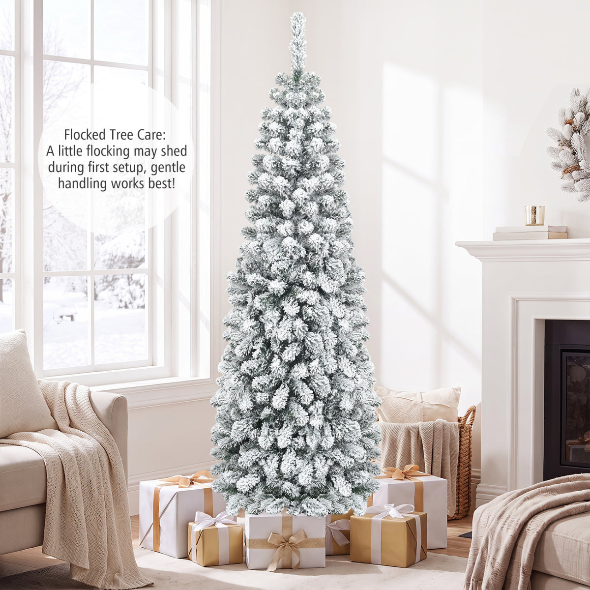 6 Feet Unlit Hinged Snow Flocked Artificial Pencil Christmas Tree with 500 Branch Tip