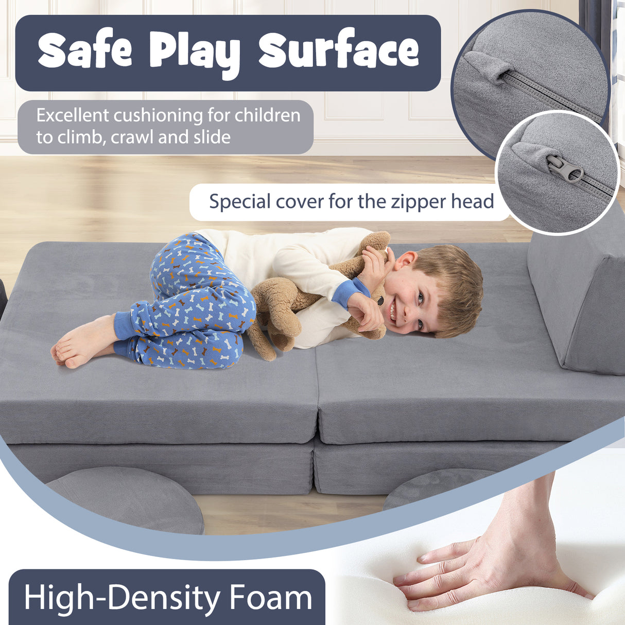 6 Pieces Modular Kids Play Couch Set with Washable Covers for Living Room Playroom-Gray