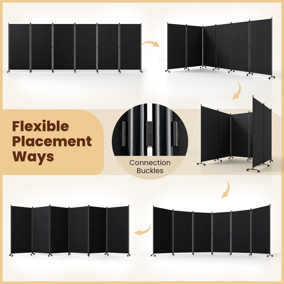 6 Panel Folding Privacy Screen Room Divider with Wheels-Black