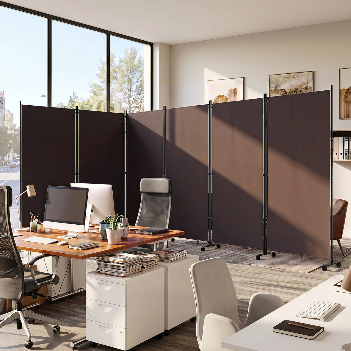 6 Panel Folding Privacy Screen Room Divider with Wheels-Coffee