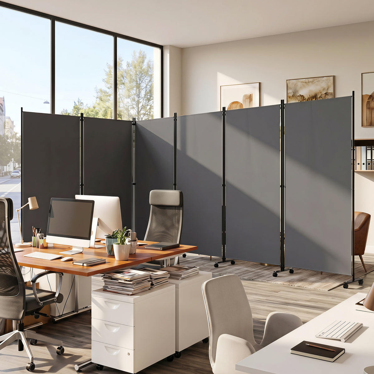 6 Panel Folding Privacy Screen Room Divider with Wheels-Gray