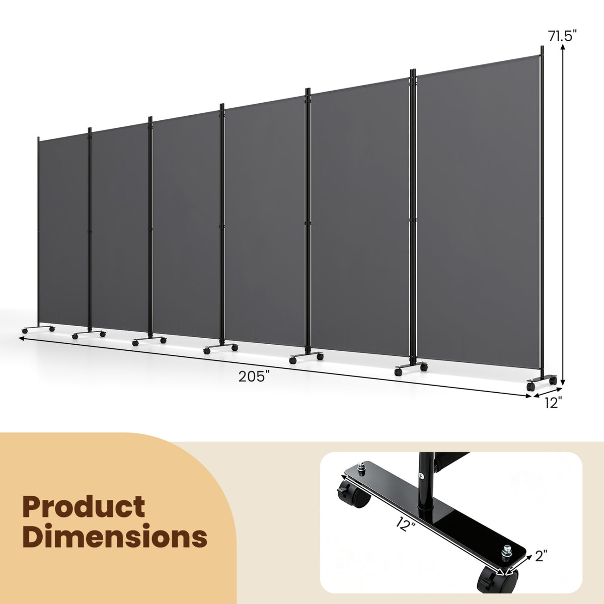 6 Panel Folding Privacy Screen Room Divider with Wheels-Gray